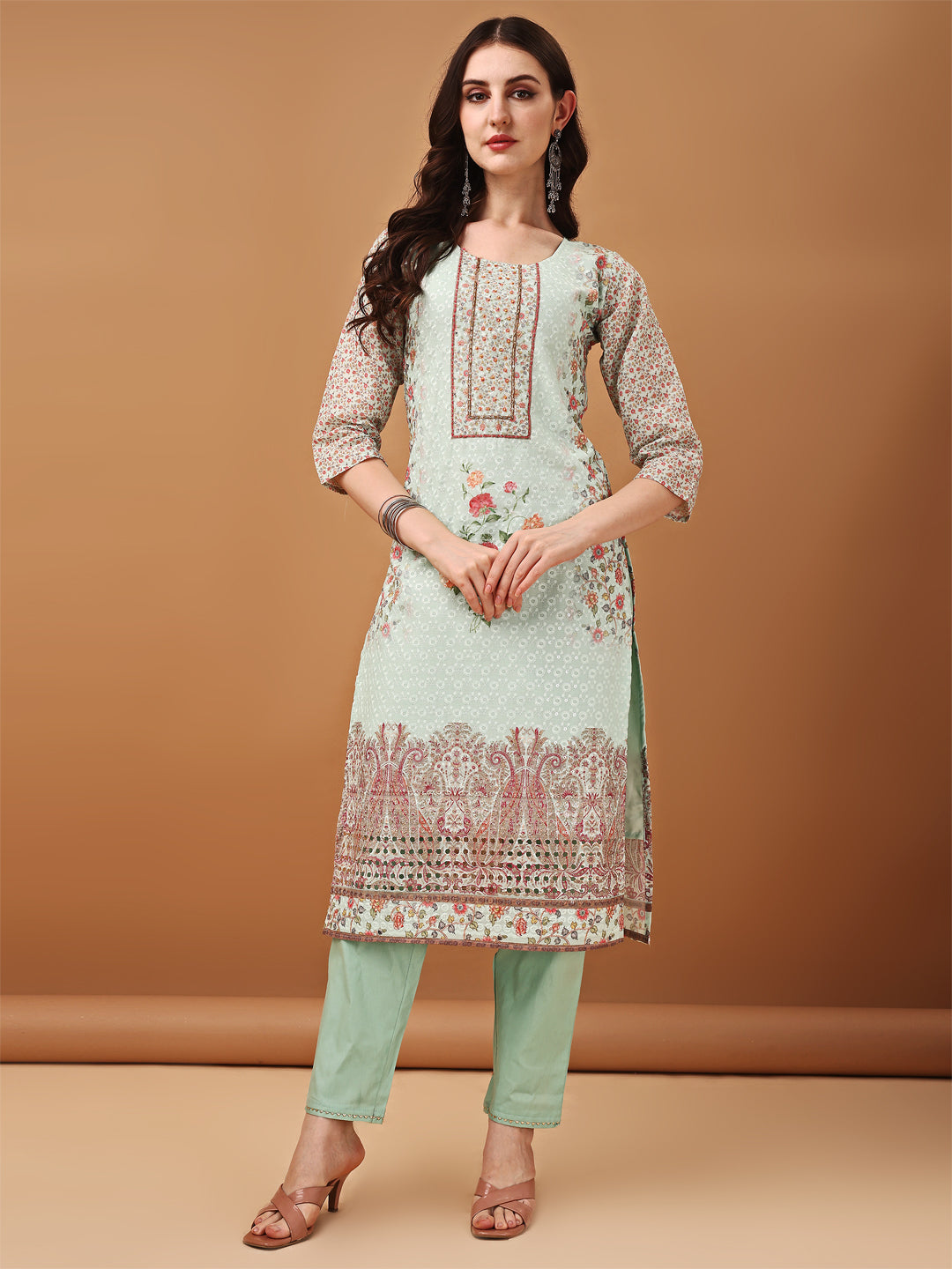 Hand Embroidered,Schiffli & Printed Kurta With Pant & Printed Dupatta, Green - Hiral Fashion - Distacart