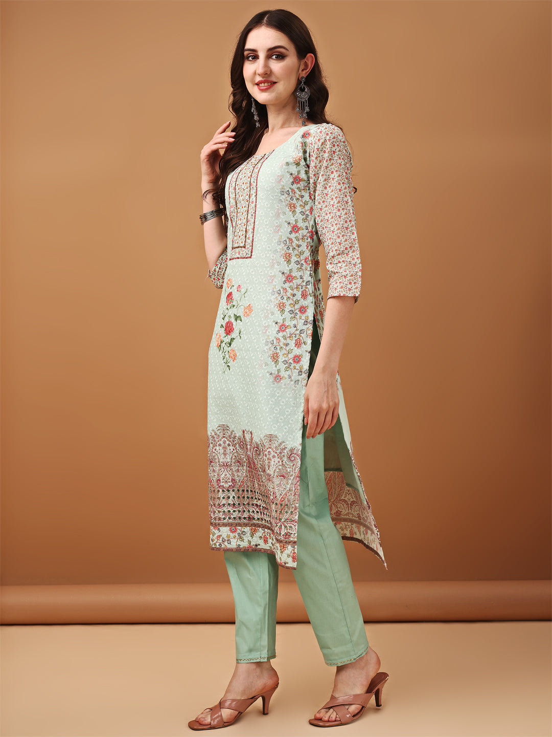 Hand Embroidered,Schiffli & Printed Kurta With Pant & Printed Dupatta, Green - Hiral Fashion - Distacart