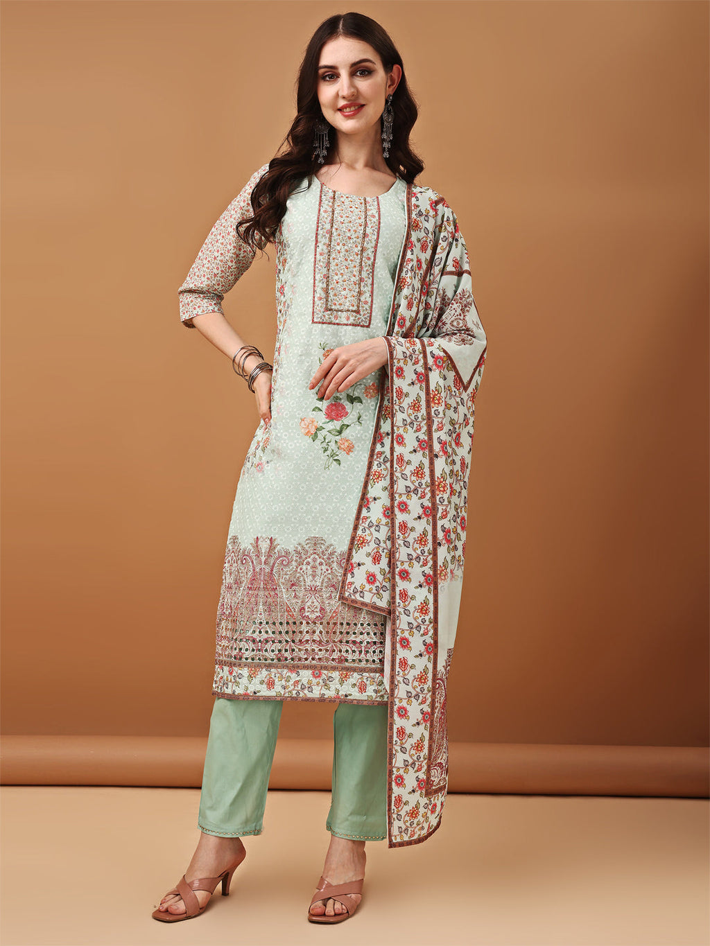 Hand Embroidered,Schiffli & Printed Kurta With Pant & Printed Dupatta, Green - Hiral Fashion - Distacart