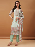 Hand Embroidered,Schiffli & Printed Kurta With Pant & Printed Dupatta, Green - Hiral Fashion - Distacart
