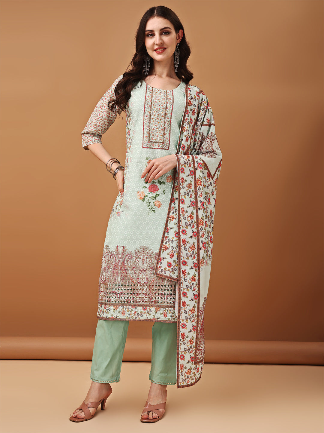 Hand Embroidered,Schiffli & Printed Kurta With Pant & Printed Dupatta, Green - Hiral Fashion - Distacart