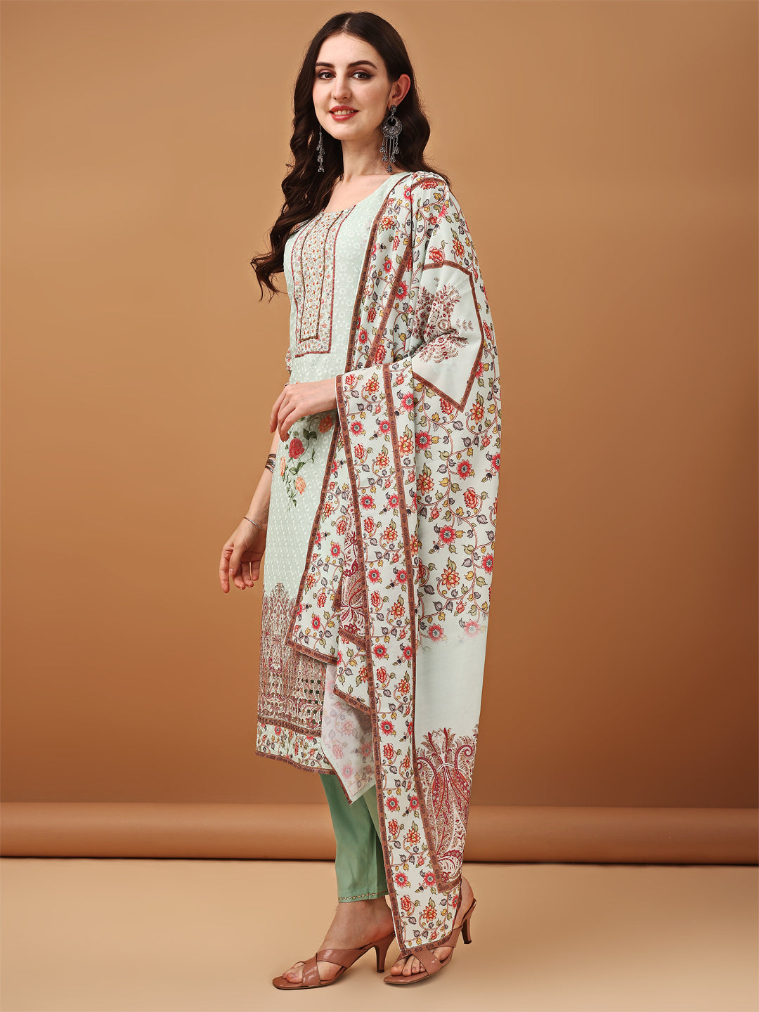Hand Embroidered,Schiffli & Printed Kurta With Pant & Printed Dupatta, Green - Hiral Fashion - Distacart