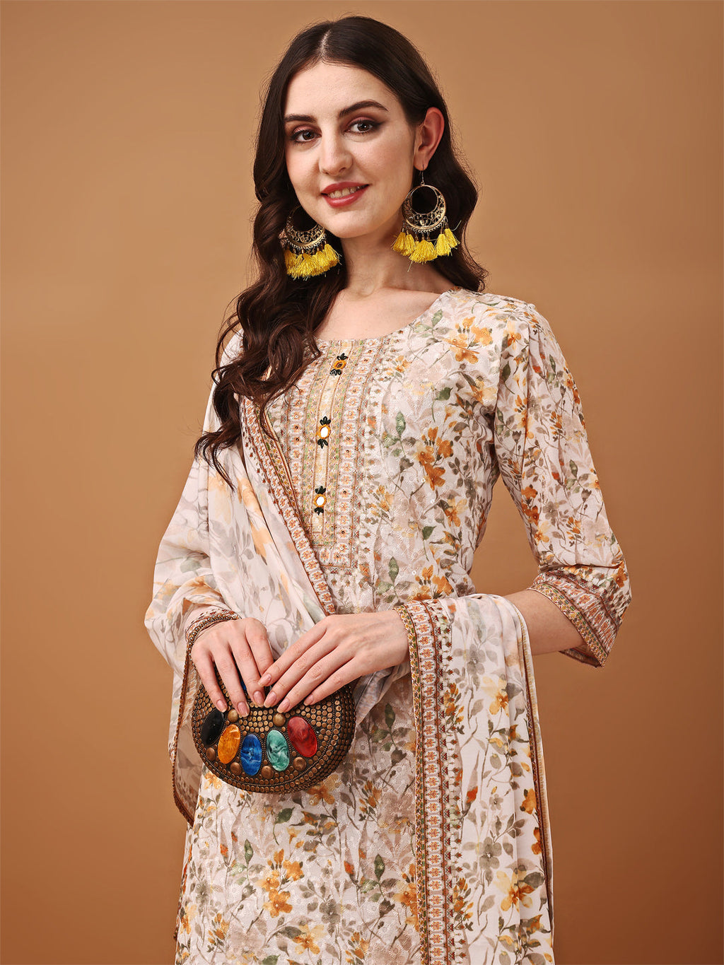 Hand Embroidered,Schiffli & Printed Kurta With Pant & Printed Dupatta, Yellow - Hiral Fashion - Distacart