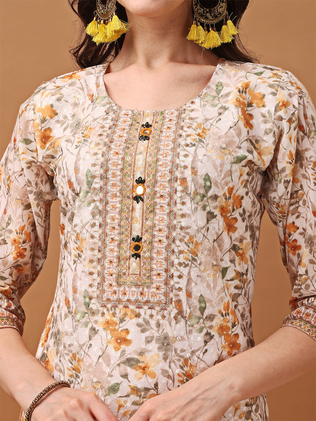 Hand Embroidered,Schiffli & Printed Kurta With Pant & Printed Dupatta, Yellow - Hiral Fashion - Distacart