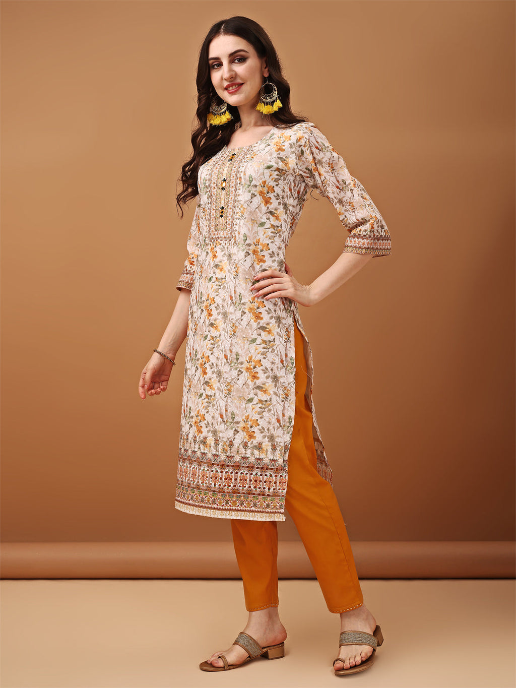 Hand Embroidered,Schiffli & Printed Kurta With Pant & Printed Dupatta, Yellow - Hiral Fashion - Distacart