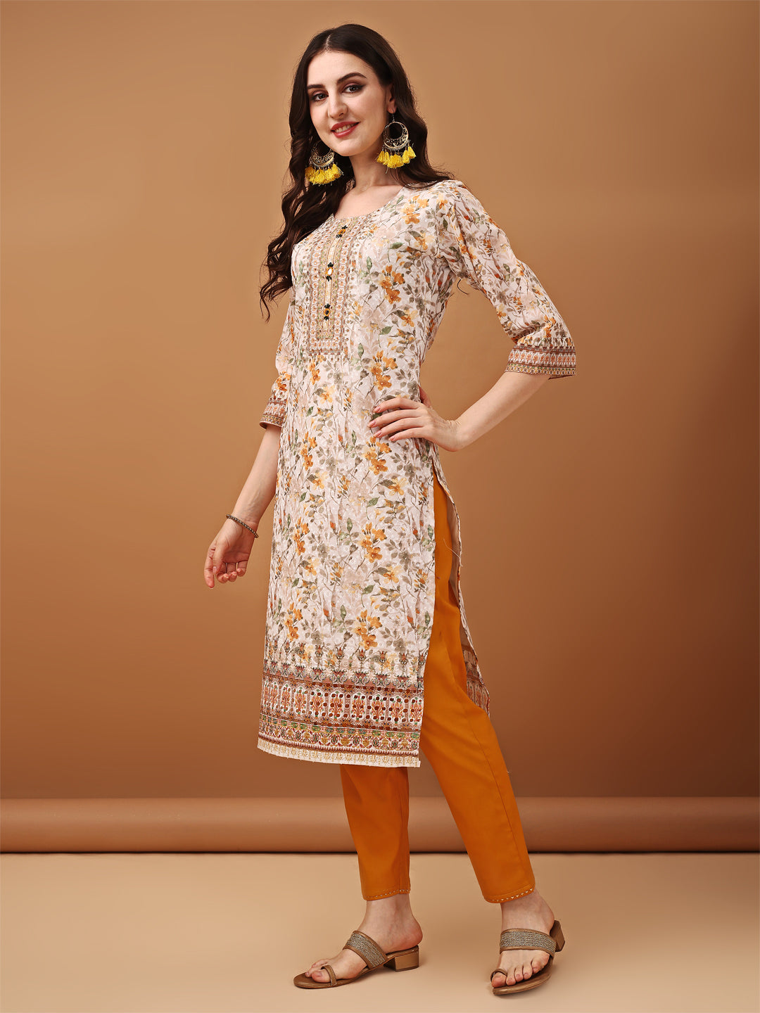 Hand Embroidered,Schiffli & Printed Kurta With Pant & Printed Dupatta, Yellow - Hiral Fashion - Distacart