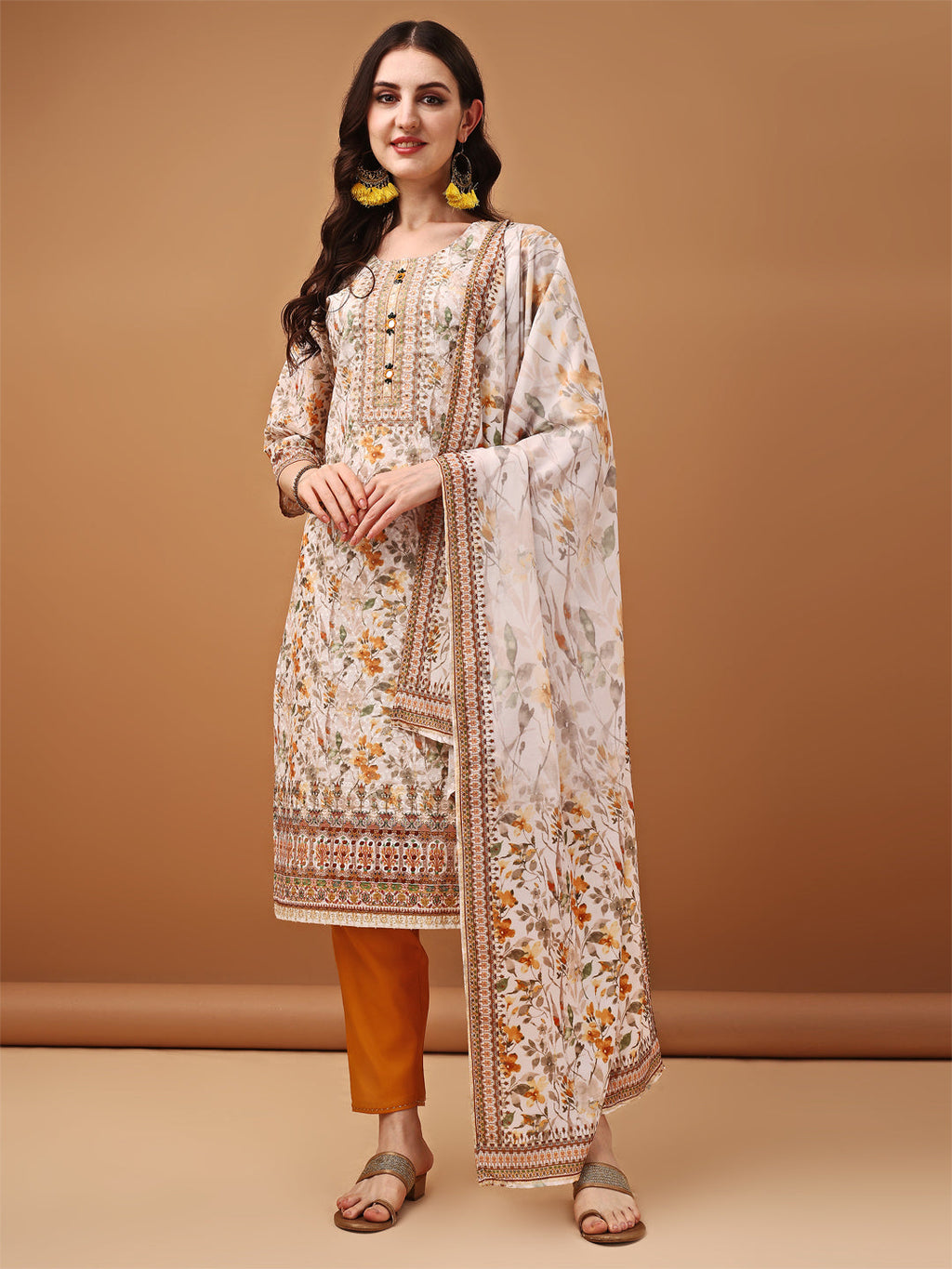 Hand Embroidered,Schiffli & Printed Kurta With Pant & Printed Dupatta, Yellow - Hiral Fashion - Distacart