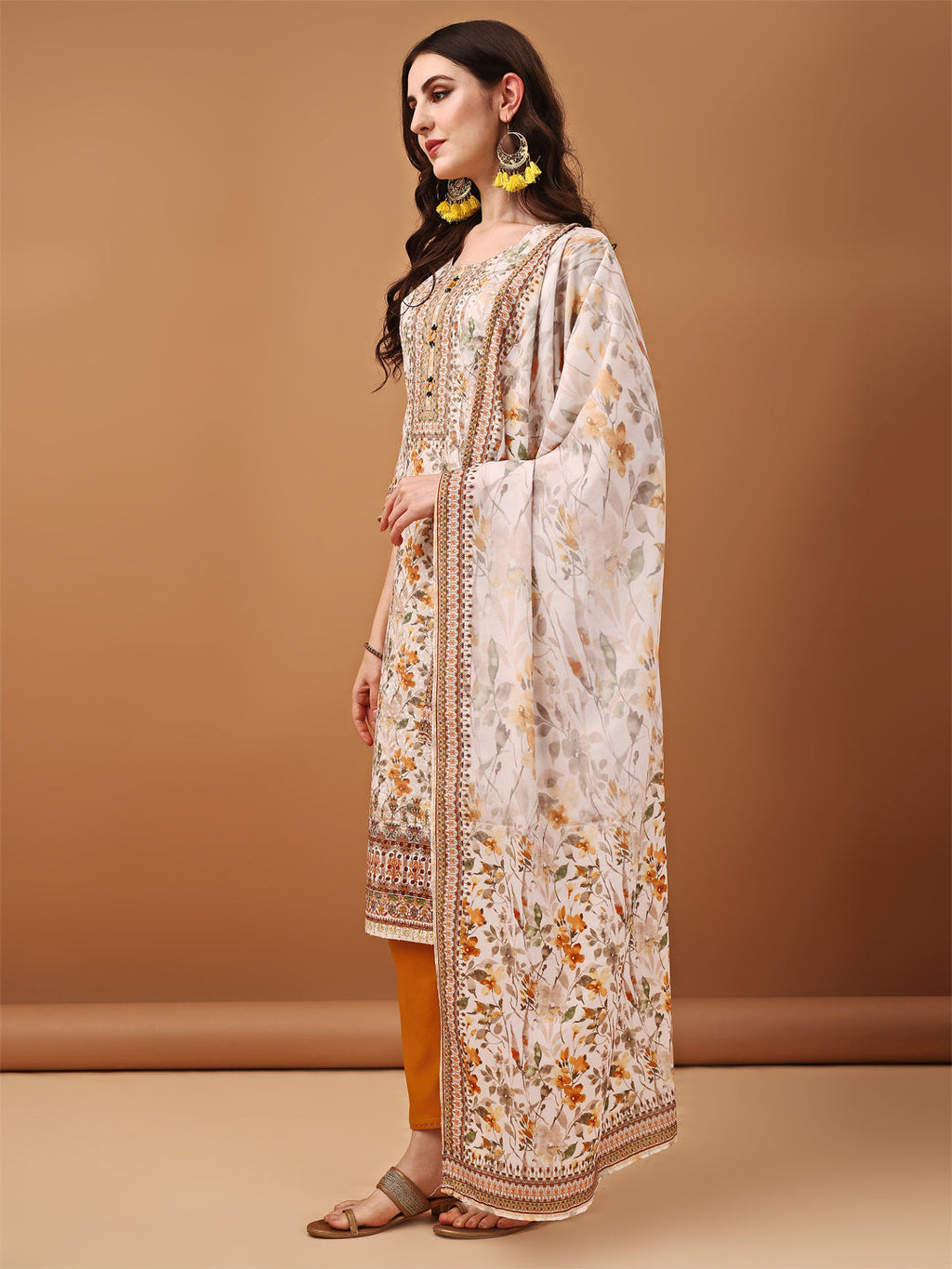 Hand Embroidered,Schiffli & Printed Kurta With Pant & Printed Dupatta, Yellow - Hiral Fashion - Distacart