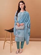 Hand Embroidered,Schiffli & Printed Kurta With Pant & Printed Dupatta, Blue - Hiral Fashion - Distacart