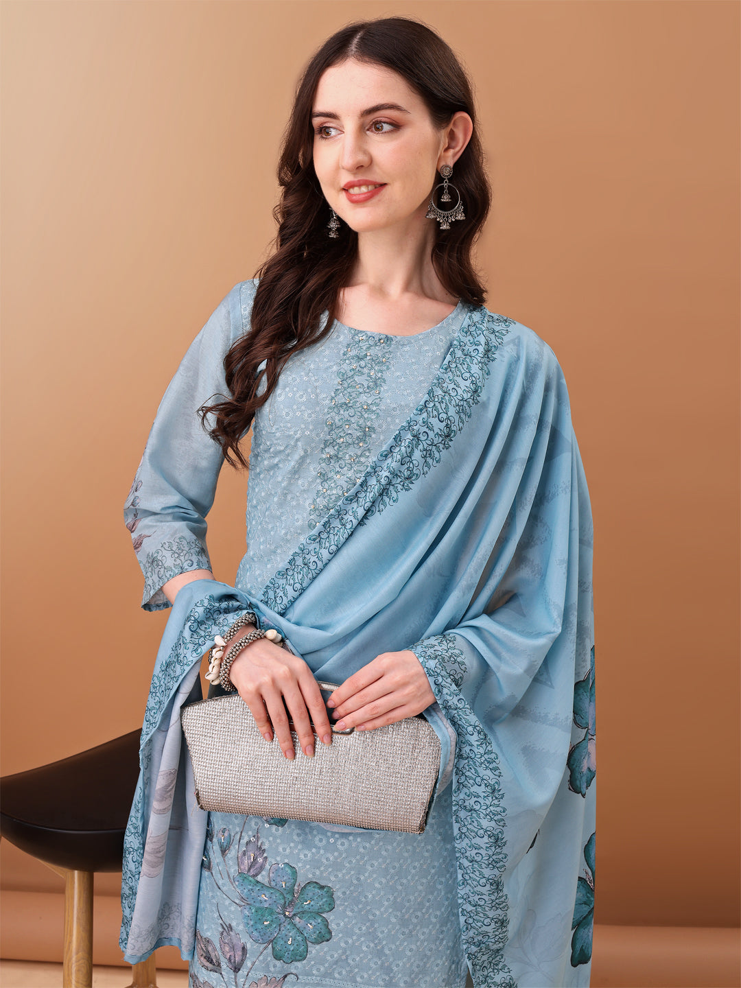 Hand Embroidered,Schiffli & Printed Kurta With Pant & Printed Dupatta, Blue - Hiral Fashion - Distacart