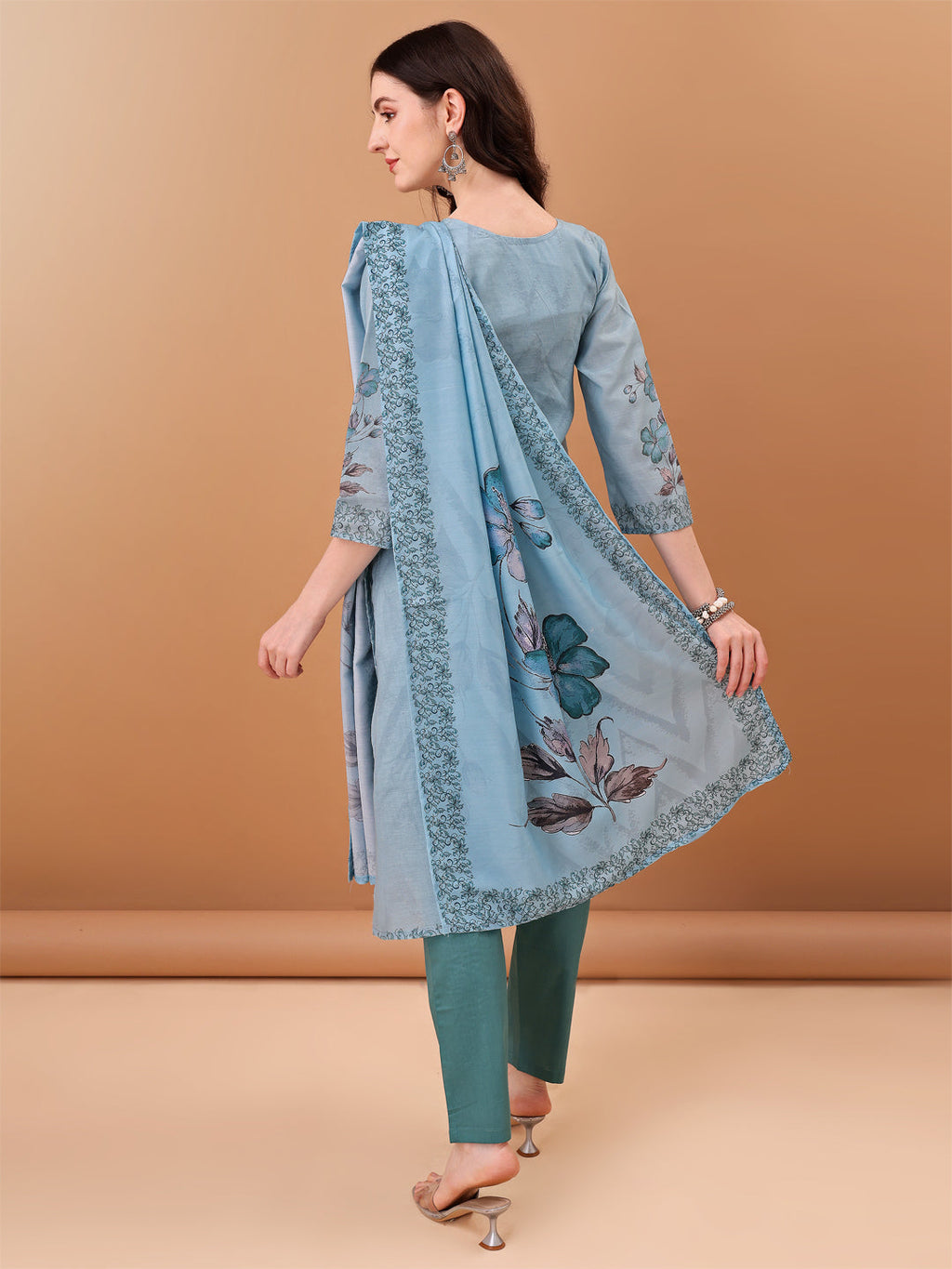 Hand Embroidered,Schiffli & Printed Kurta With Pant & Printed Dupatta, Blue - Hiral Fashion - Distacart
