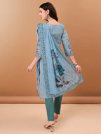 Hand Embroidered,Schiffli & Printed Kurta With Pant & Printed Dupatta, Blue - Hiral Fashion - Distacart