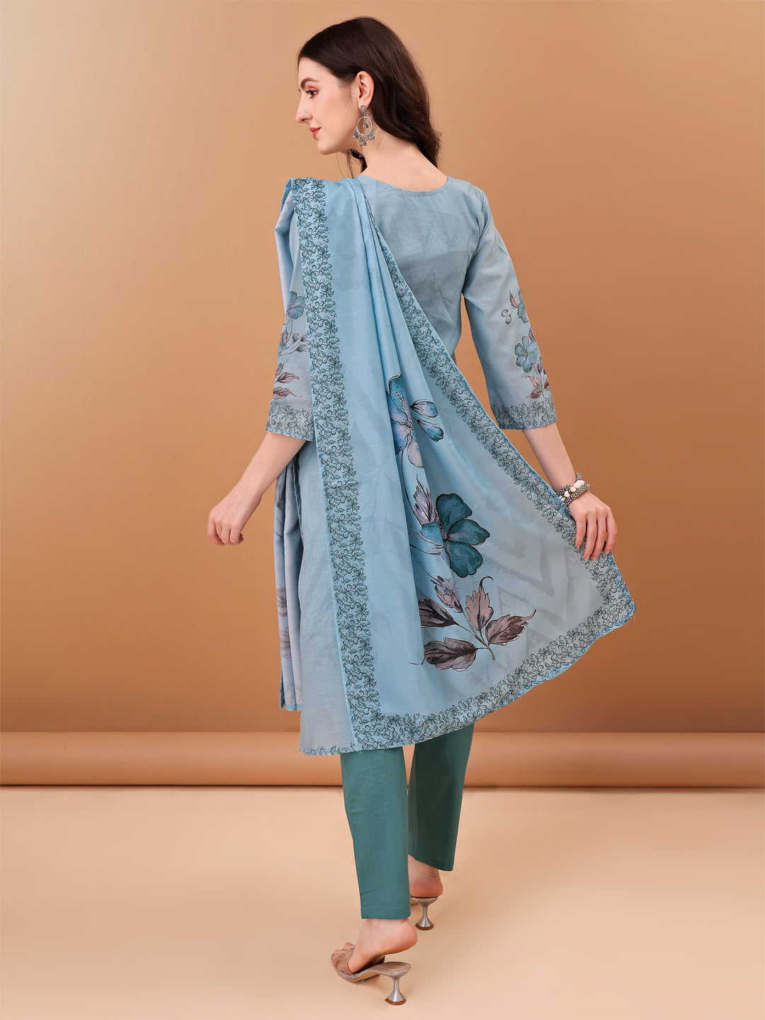 Hand Embroidered,Schiffli & Printed Kurta With Pant & Printed Dupatta, Blue - Hiral Fashion - Distacart