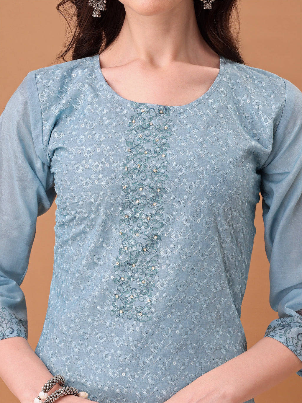 Hand Embroidered,Schiffli & Printed Kurta With Pant & Printed Dupatta, Blue - Hiral Fashion - Distacart