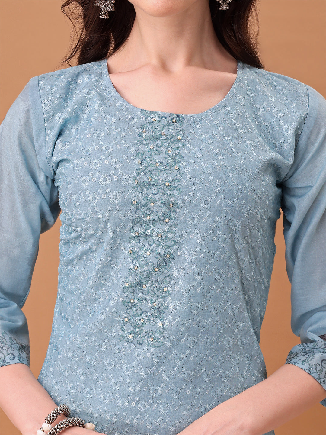 Hand Embroidered,Schiffli & Printed Kurta With Pant & Printed Dupatta, Blue - Hiral Fashion - Distacart