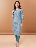 Hand Embroidered,Schiffli & Printed Kurta With Pant & Printed Dupatta, Blue - Hiral Fashion - Distacart