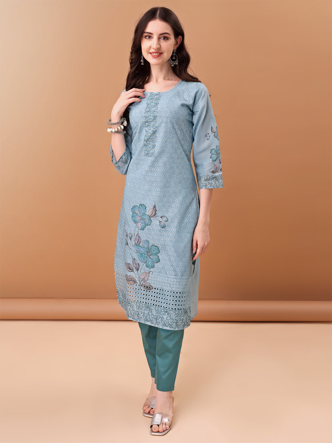 Hand Embroidered,Schiffli & Printed Kurta With Pant & Printed Dupatta, Blue - Hiral Fashion - Distacart