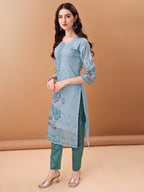Hand Embroidered,Schiffli & Printed Kurta With Pant & Printed Dupatta, Blue - Hiral Fashion - Distacart