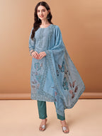 Hand Embroidered,Schiffli & Printed Kurta With Pant & Printed Dupatta, Blue - Hiral Fashion - Distacart