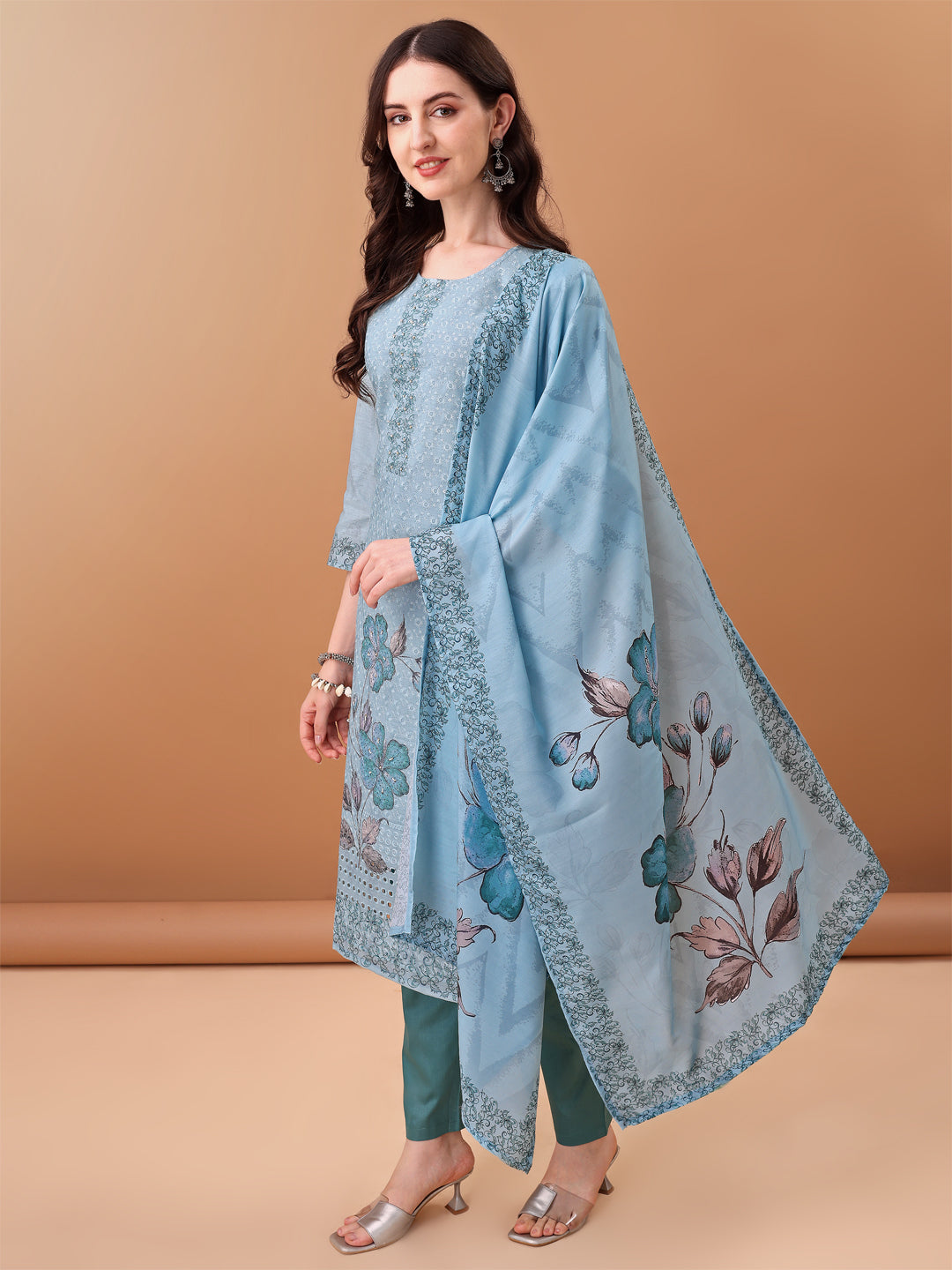 Hand Embroidered,Schiffli & Printed Kurta With Pant & Printed Dupatta, Blue - Hiral Fashion - Distacart