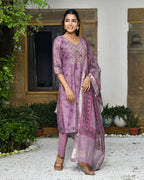 Vaasva Women's Chanderi Printed Suit Set With Pant And Printed Dupatta