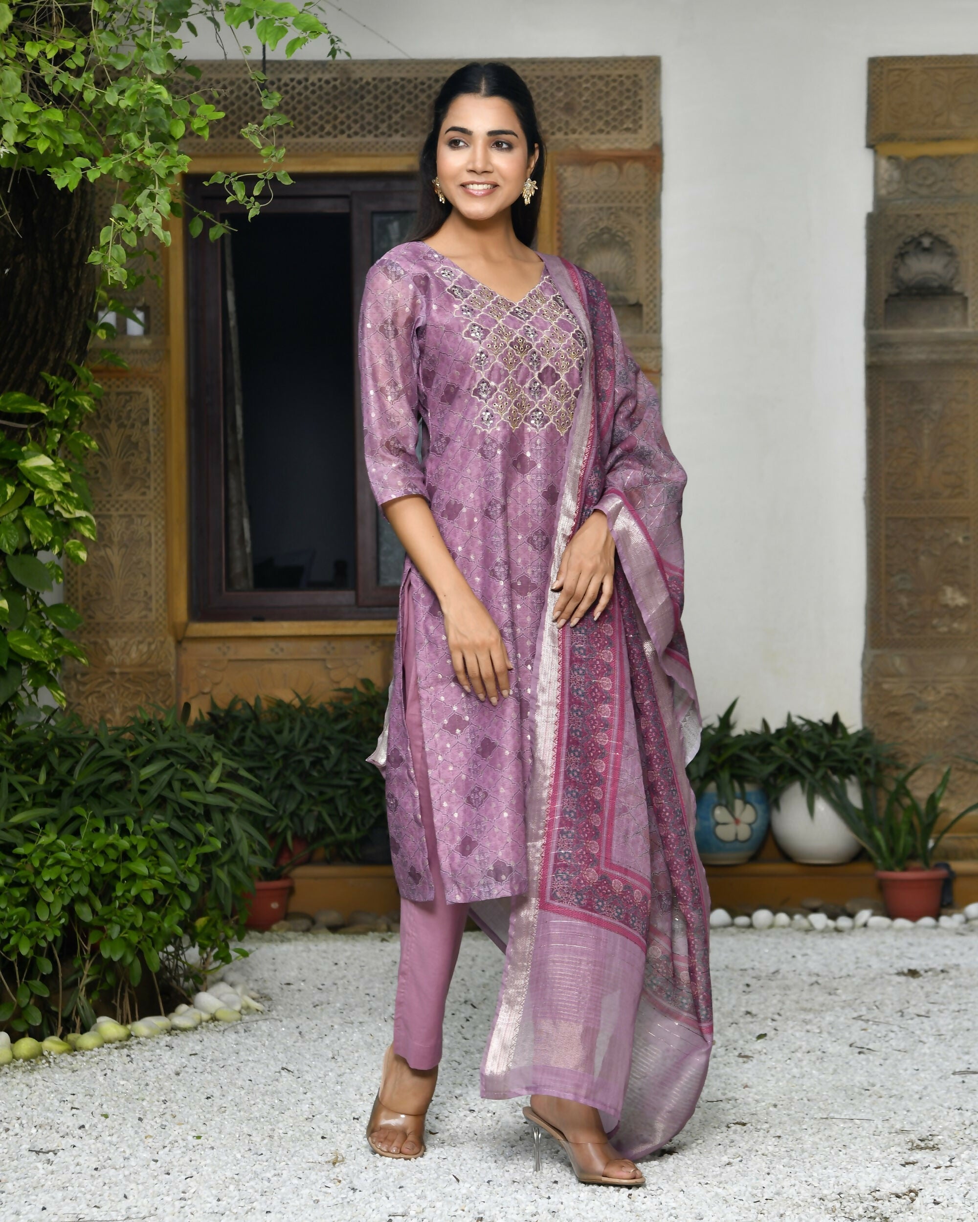 Vaasva Women's Chanderi Printed Suit Set With Pant And Printed Dupatta