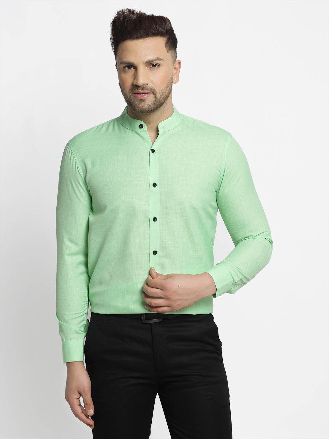 Jainish Green Men's Cotton Solid Mandarin Collar Formal Shirts ( SF 726Light-Green ) - Distacart