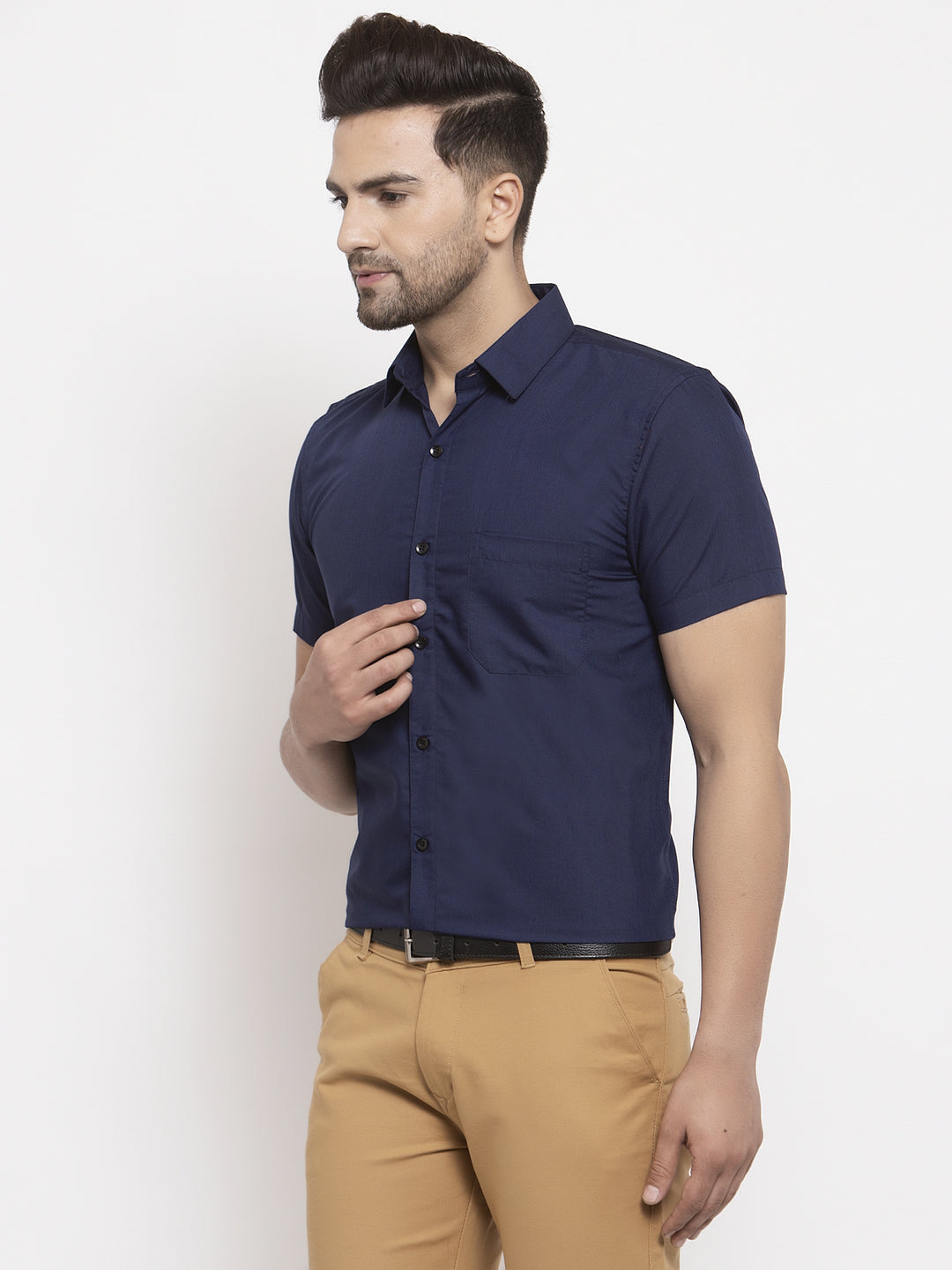Jainish Navy Men's Cotton Half Sleeves Solid Formal Shirts ( SF 754Navy ) - Distacart