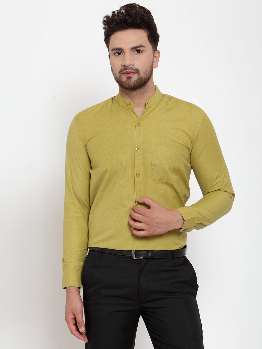 Jainish Green Men's Cotton Solid Mandarin Collar Formal Shirts ( SF 757Mehndi ) - Distacart
