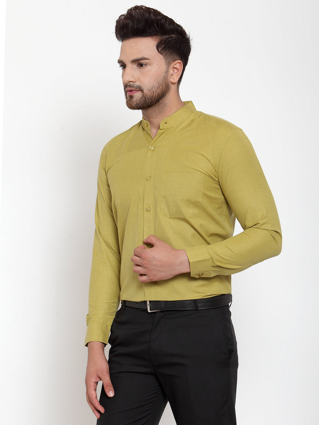 Jainish Green Men's Cotton Solid Mandarin Collar Formal Shirts ( SF 757Mehndi ) - Distacart