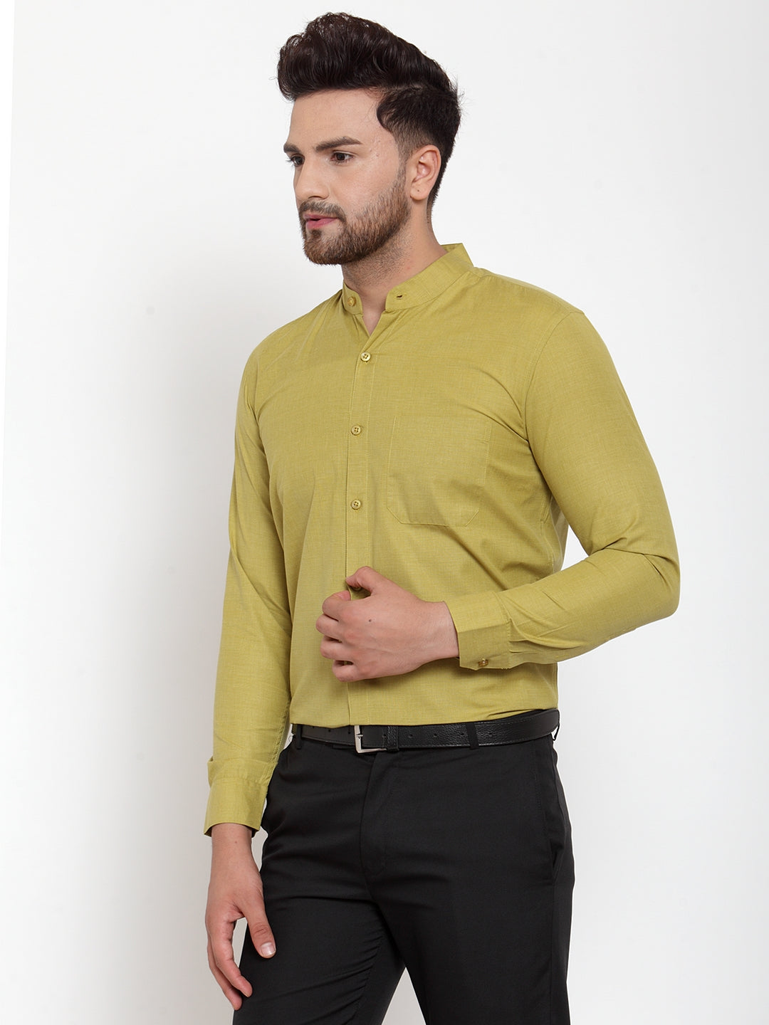 Jainish Green Men's Cotton Solid Mandarin Collar Formal Shirts ( SF 757Mehndi ) - Distacart