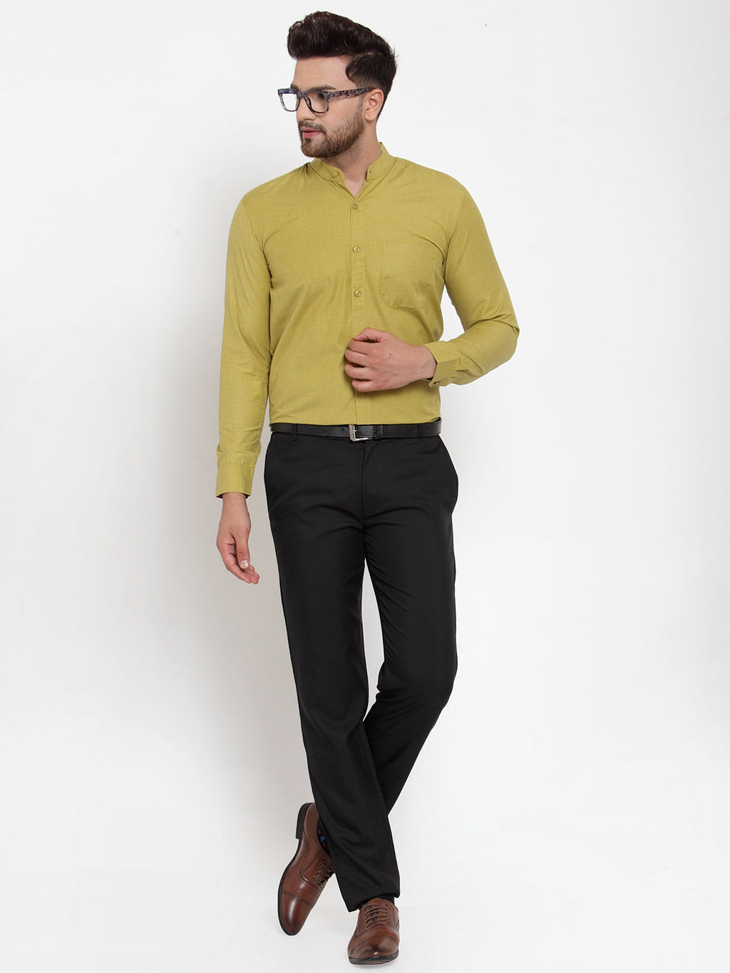 Jainish Green Men's Cotton Solid Mandarin Collar Formal Shirts ( SF 757Mehndi ) - Distacart