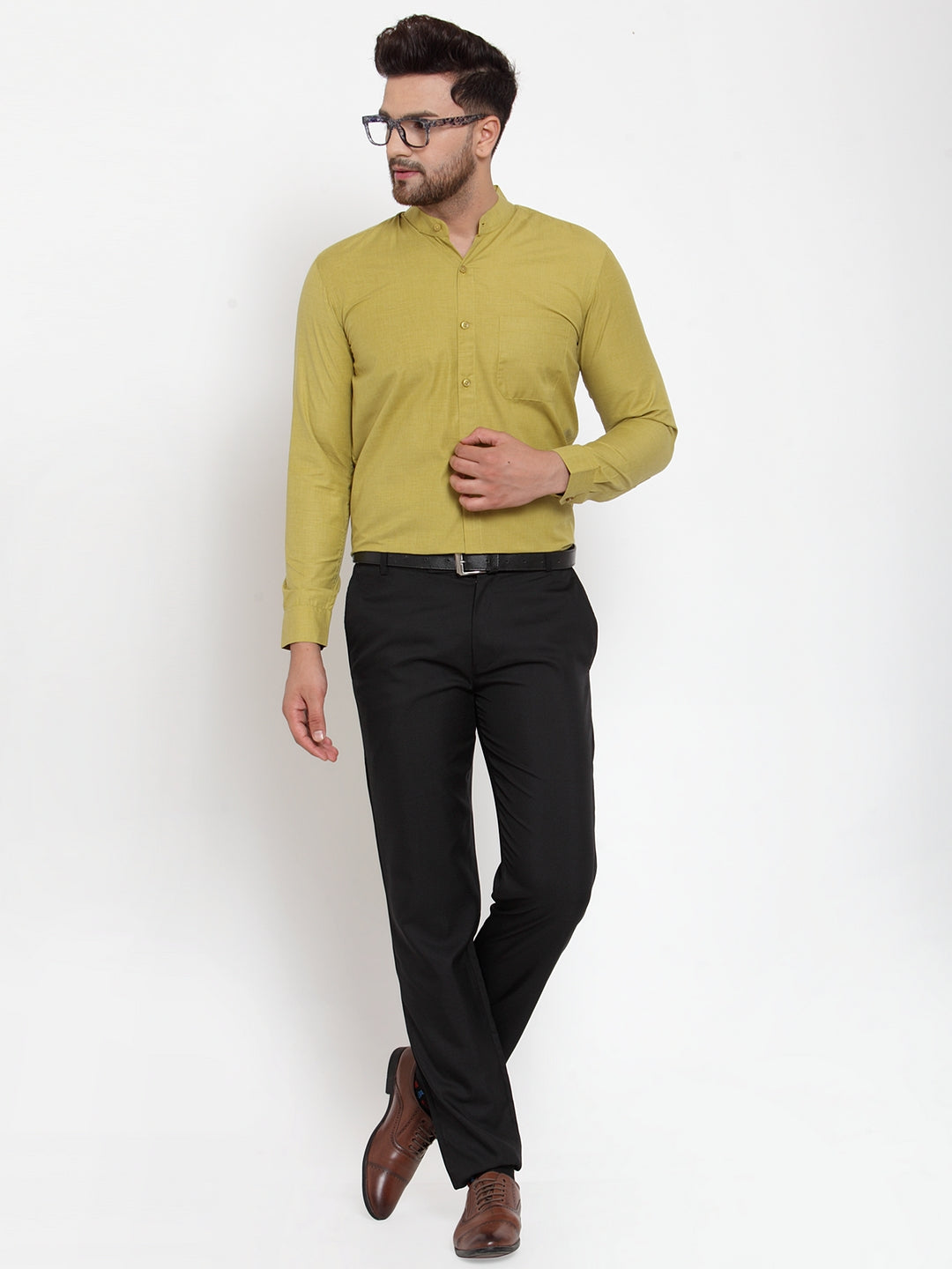 Jainish Green Men's Cotton Solid Mandarin Collar Formal Shirts ( SF 757Mehndi ) - Distacart