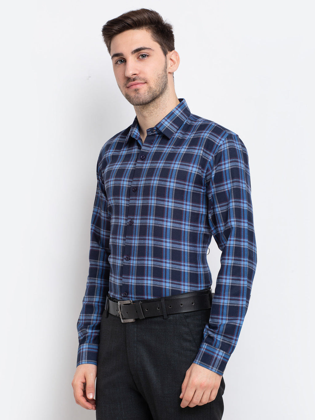 Jainish Blue Men's Checked Cotton Formal Shirt ( SF 786Blue ) - Distacart