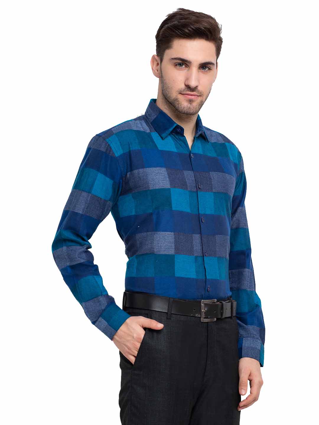 Jainish Blue Men's Checked Cotton Formal Shirt ( SF 787Blue ) - Distacart