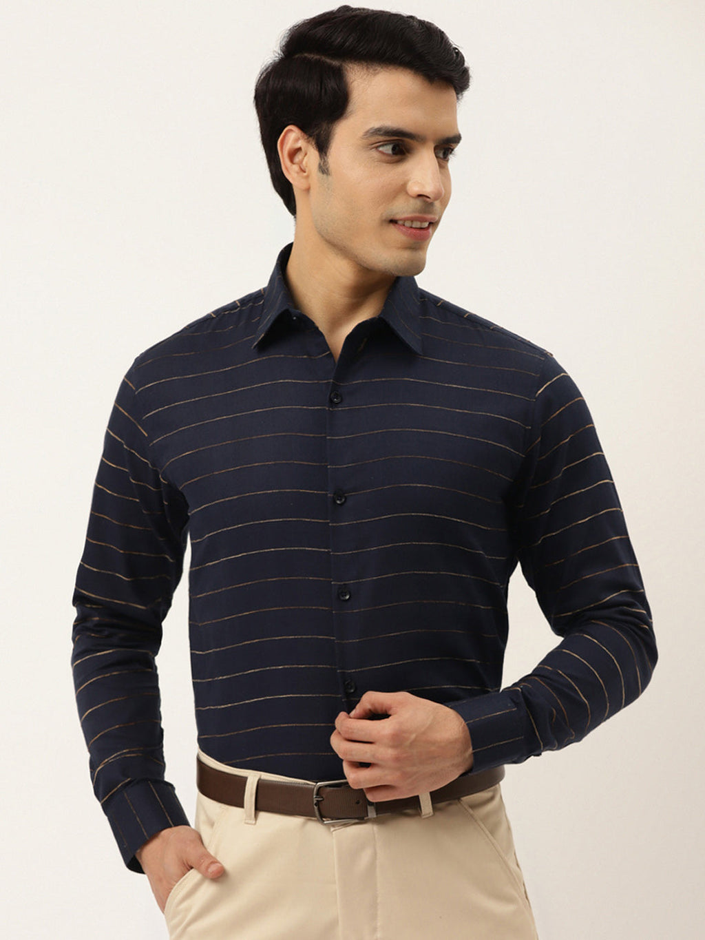 Jainish Men's Formal Cotton Horizontal Striped Shirt ( SF 790Navy ) - Distacart