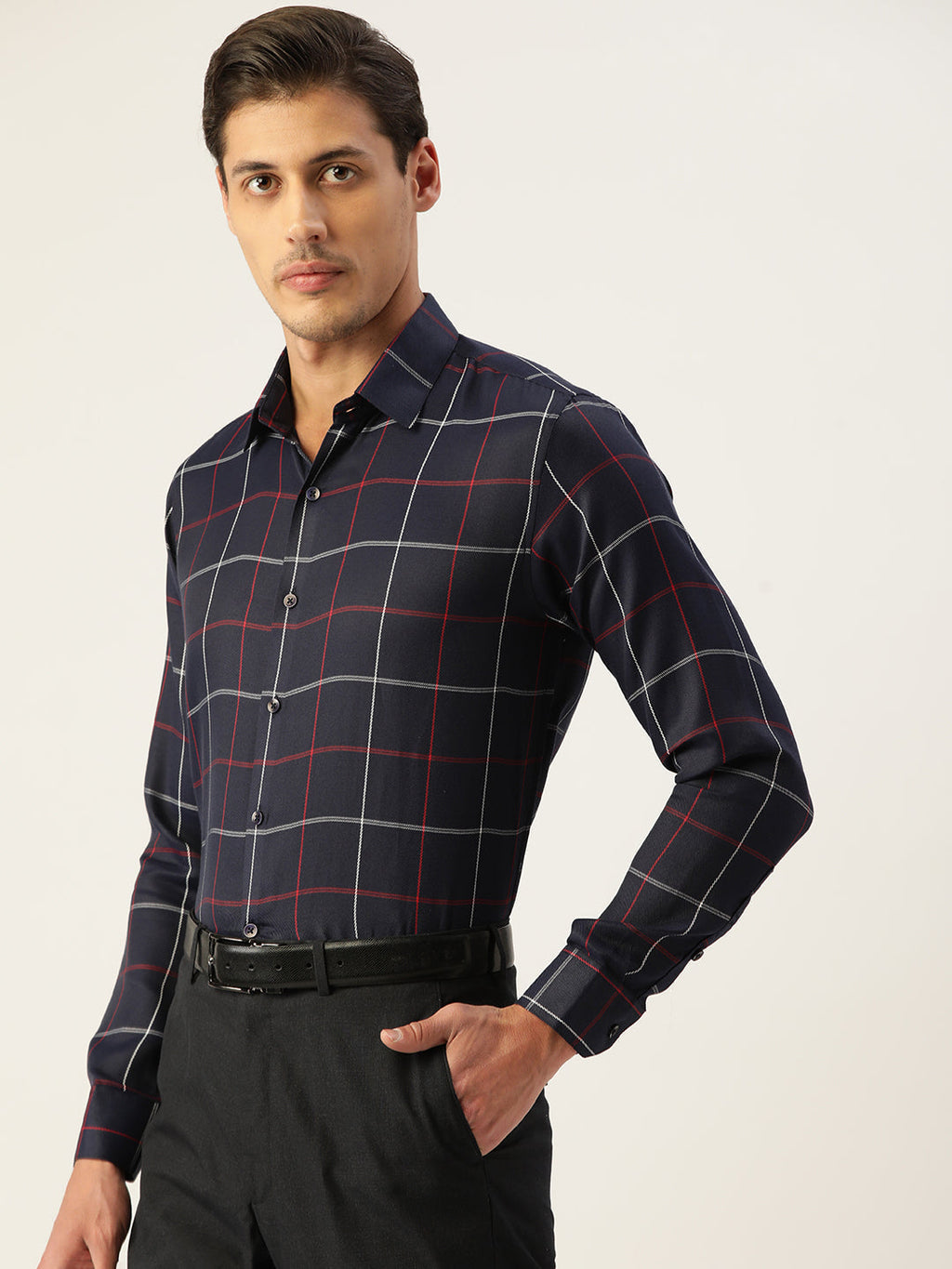 Jainish Men's Cotton Checked Formal Shirts ( SF 797Navy ) - Distacart