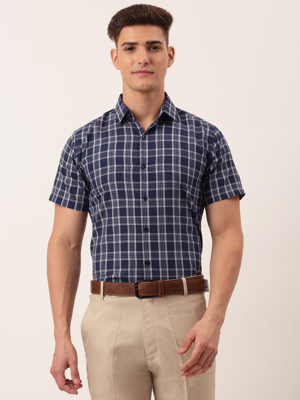 Jainish Men's Cotton Checked Half Sleeve Formal Shirts ( SF 808Blue ) - Distacart