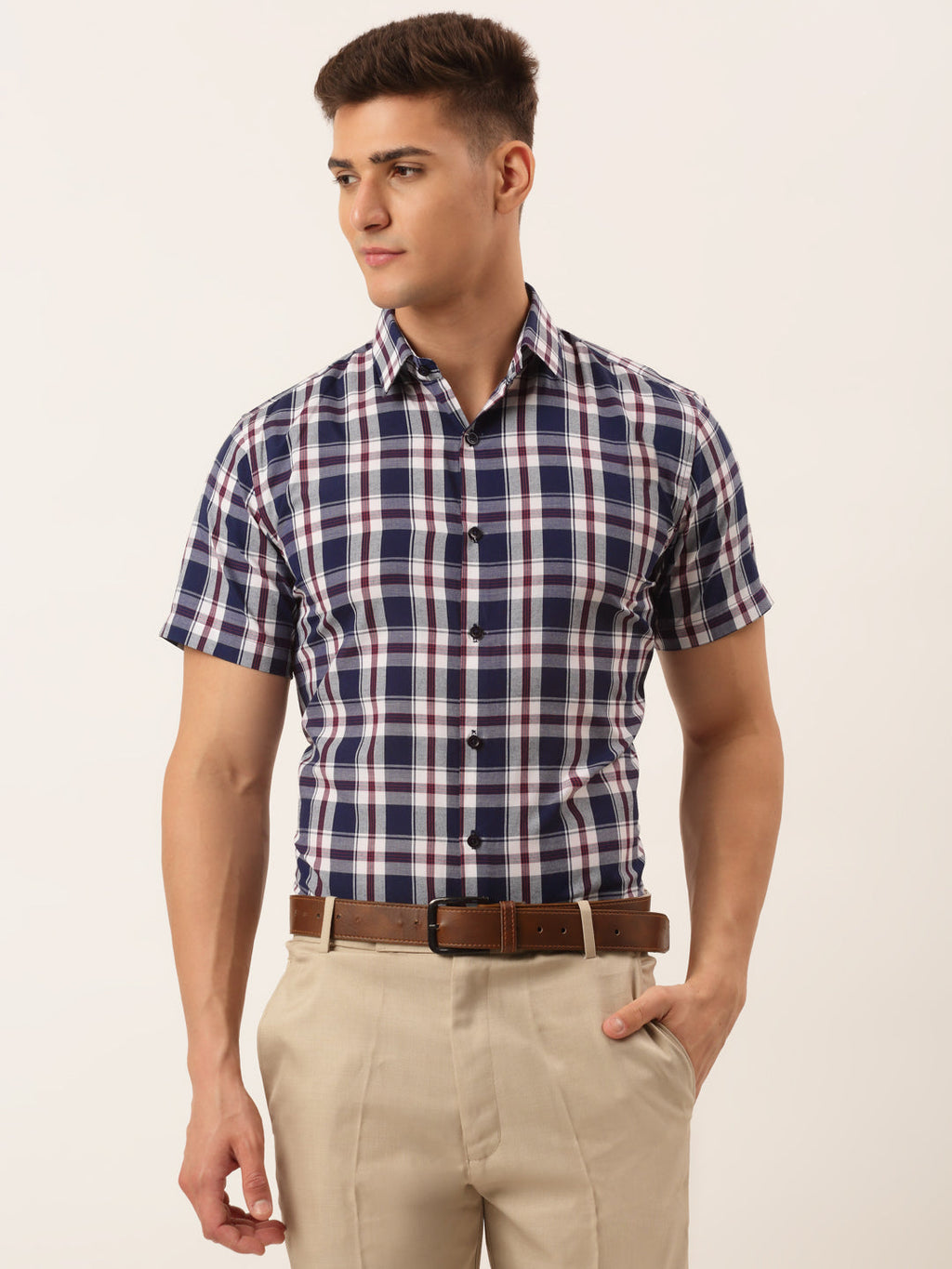 Jainish Men's Cotton Checked Half Sleeve Formal Shirts ( SF 808Navy ) - Distacart