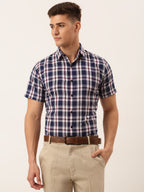 Jainish Men's Cotton Checked Half Sleeve Formal Shirts ( SF 808Navy ) - Distacart