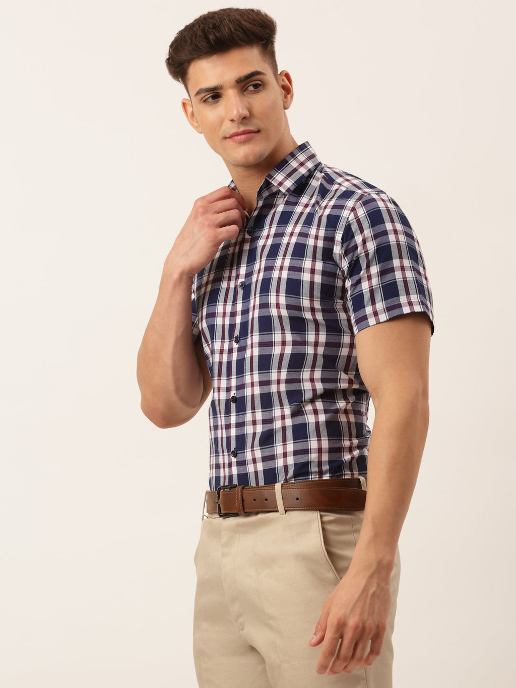 Jainish Men's Cotton Checked Half Sleeve Formal Shirts ( SF 808Navy ) - Distacart