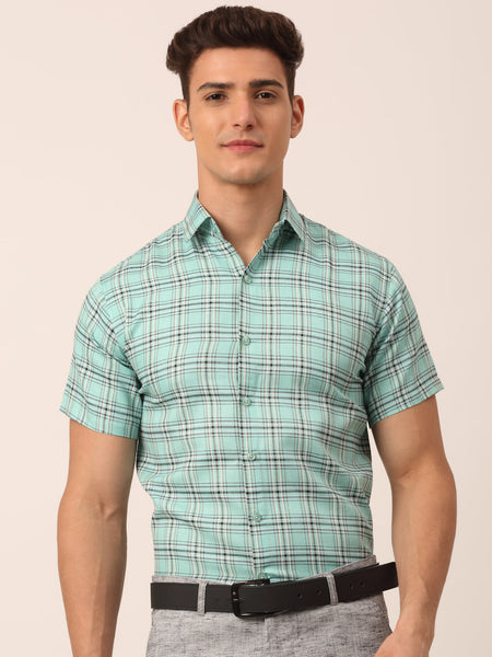 Jainish Men's Cotton Checked Half Sleeve Formal Shirts ( SF 815Green )