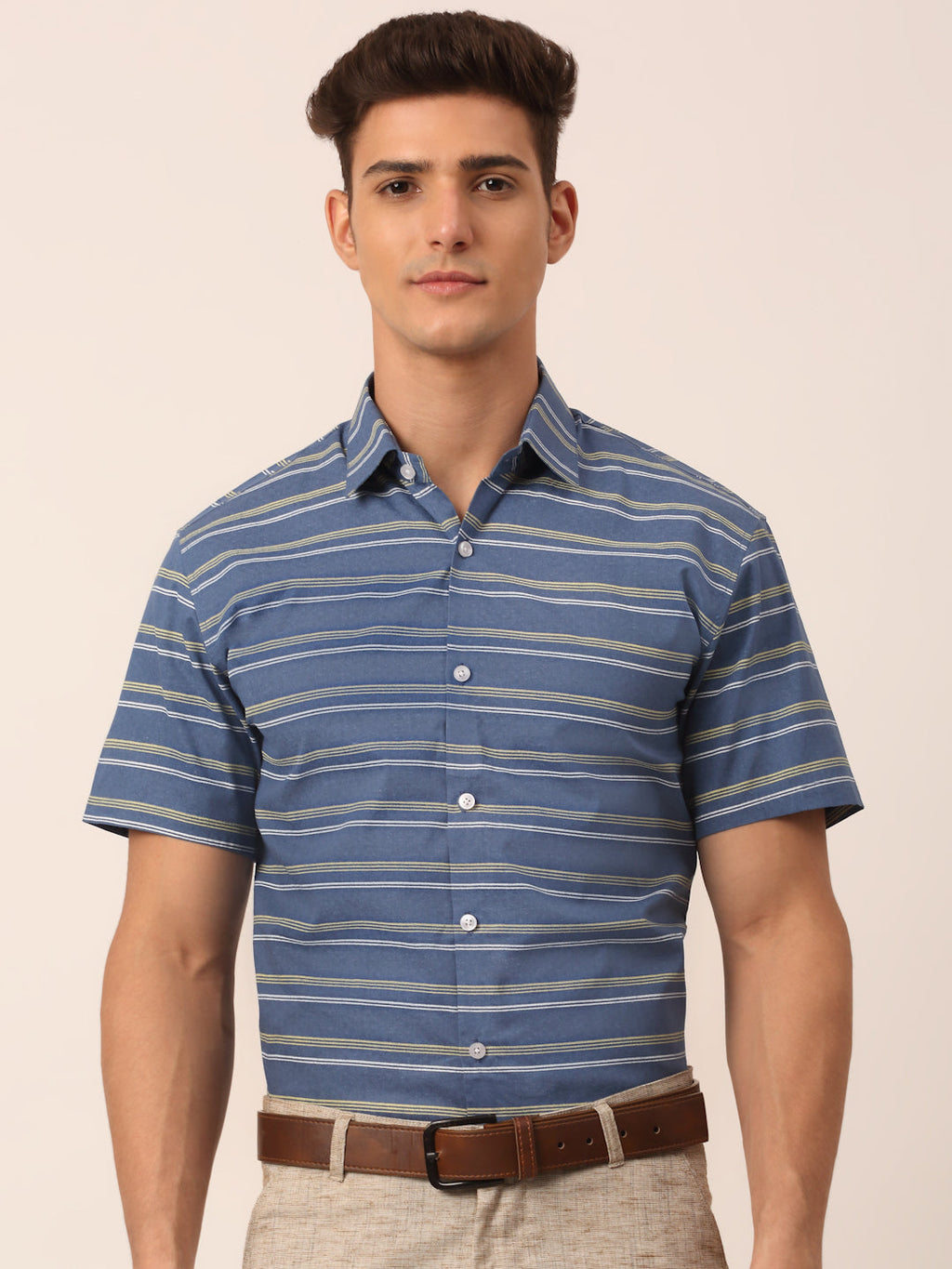 Jainish Men's Cotton Striped Half Sleeve Formal Shirts ( SF 816Blue ) - Distacart