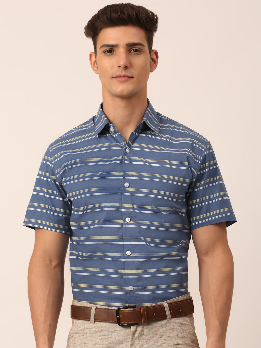 Jainish Men's Cotton Striped Half Sleeve Formal Shirts ( SF 816Blue ) - Distacart