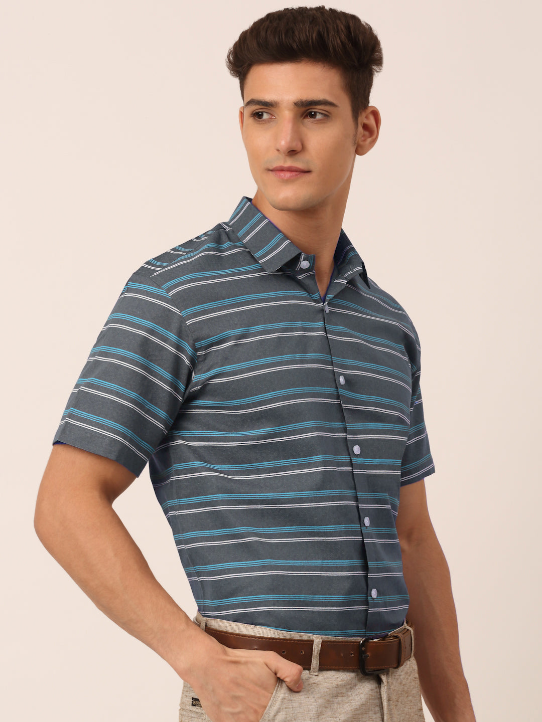Jainish Men's Cotton Striped Half Sleeve Formal Shirts ( SF 816Grey ) - Distacart