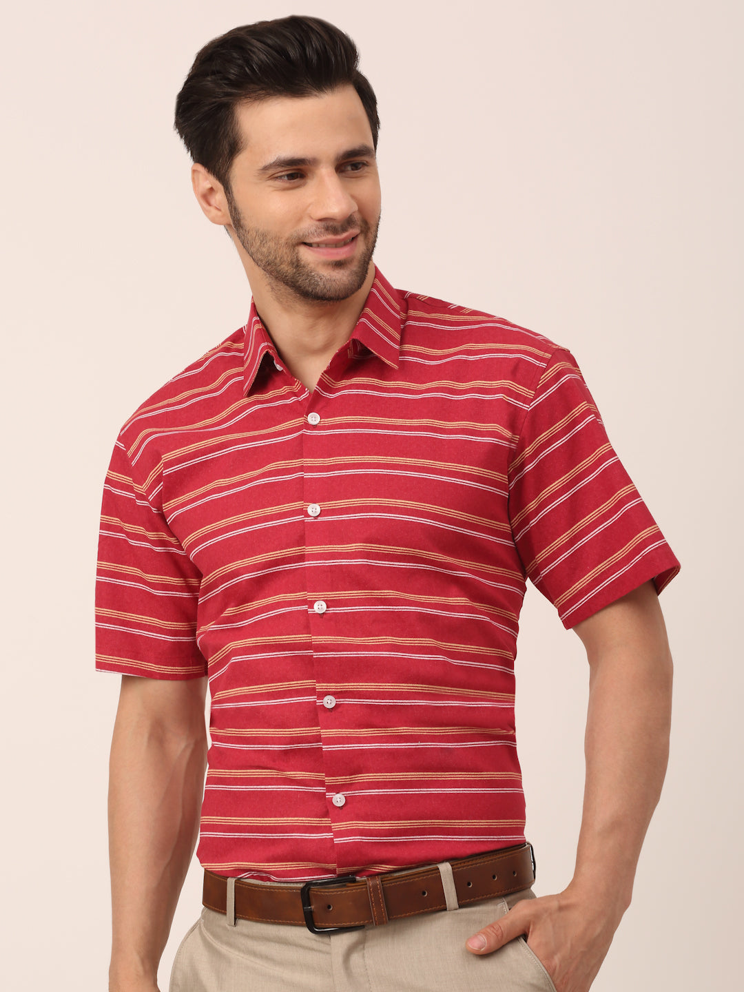 Jainish Men's Cotton Striped Half Sleeve Formal Shirts ( SF 816Maroon ) - Distacart
