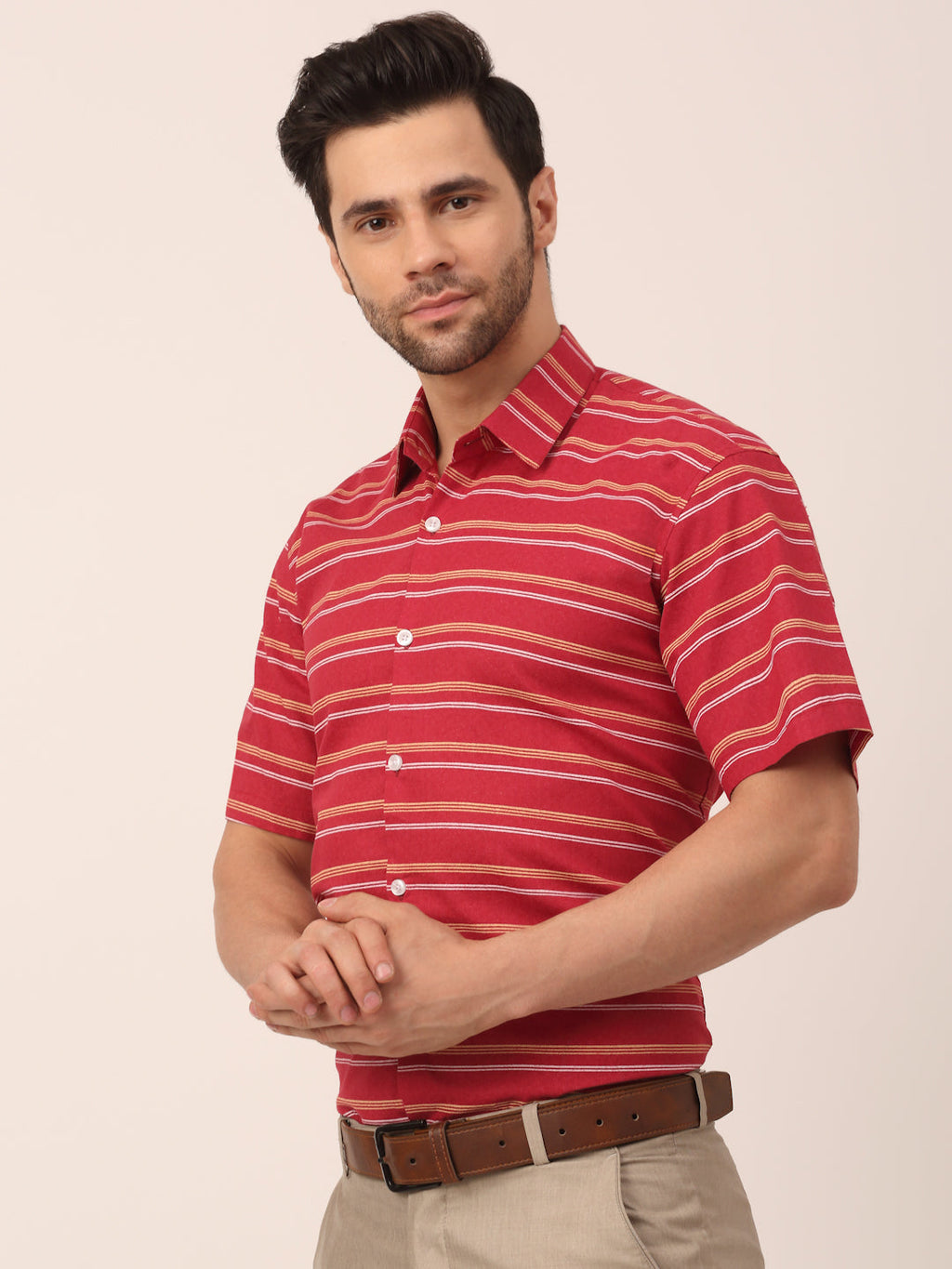 Jainish Men's Cotton Striped Half Sleeve Formal Shirts ( SF 816Maroon ) - Distacart