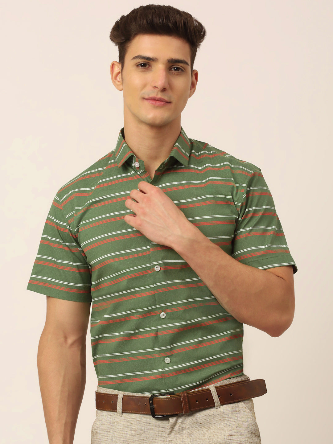 Jainish Men's Cotton Striped Half Sleeve Formal Shirts ( SF 816Olive ) - Distacart