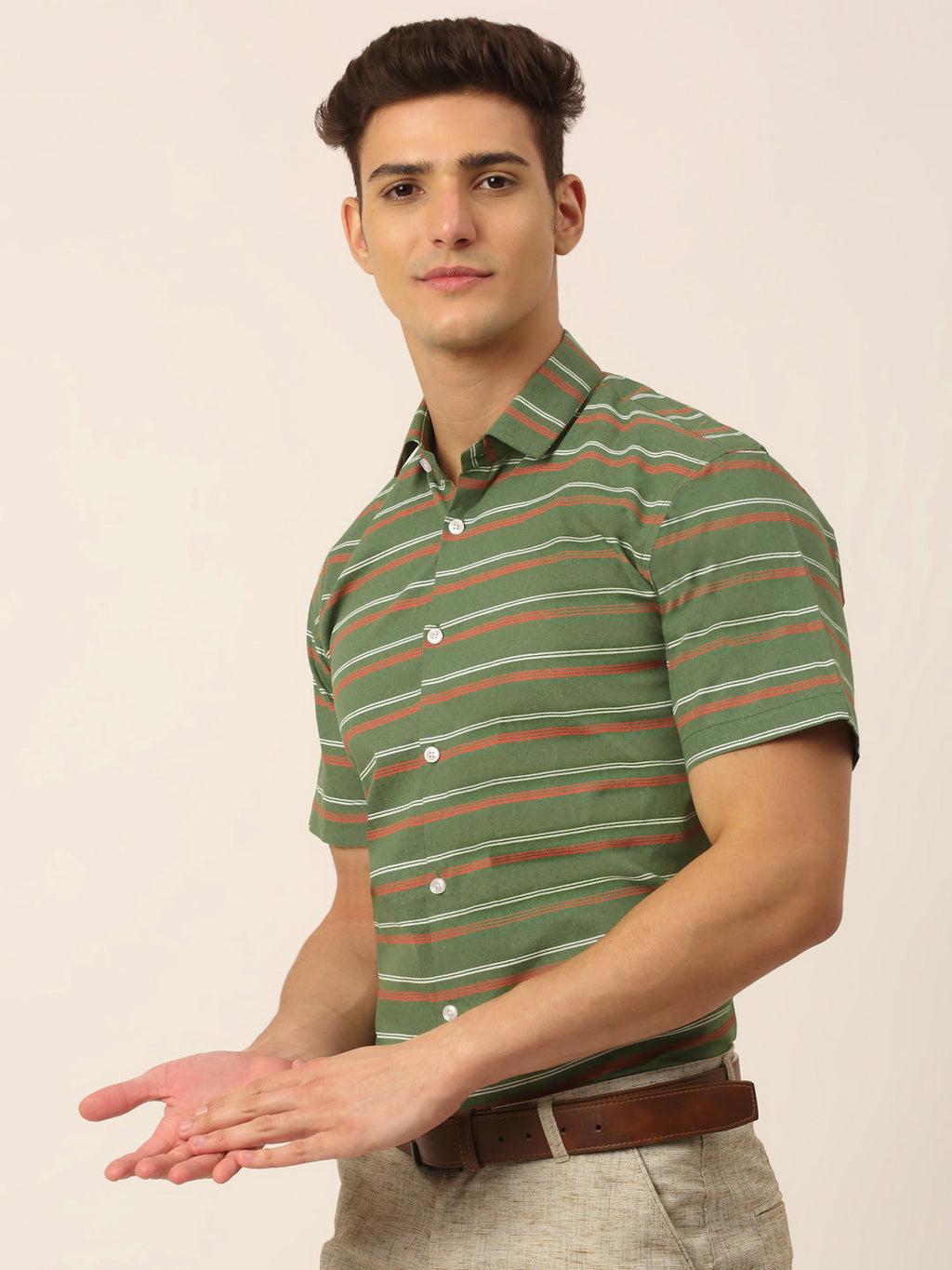 Jainish Men's Cotton Striped Half Sleeve Formal Shirts ( SF 816Olive ) - Distacart