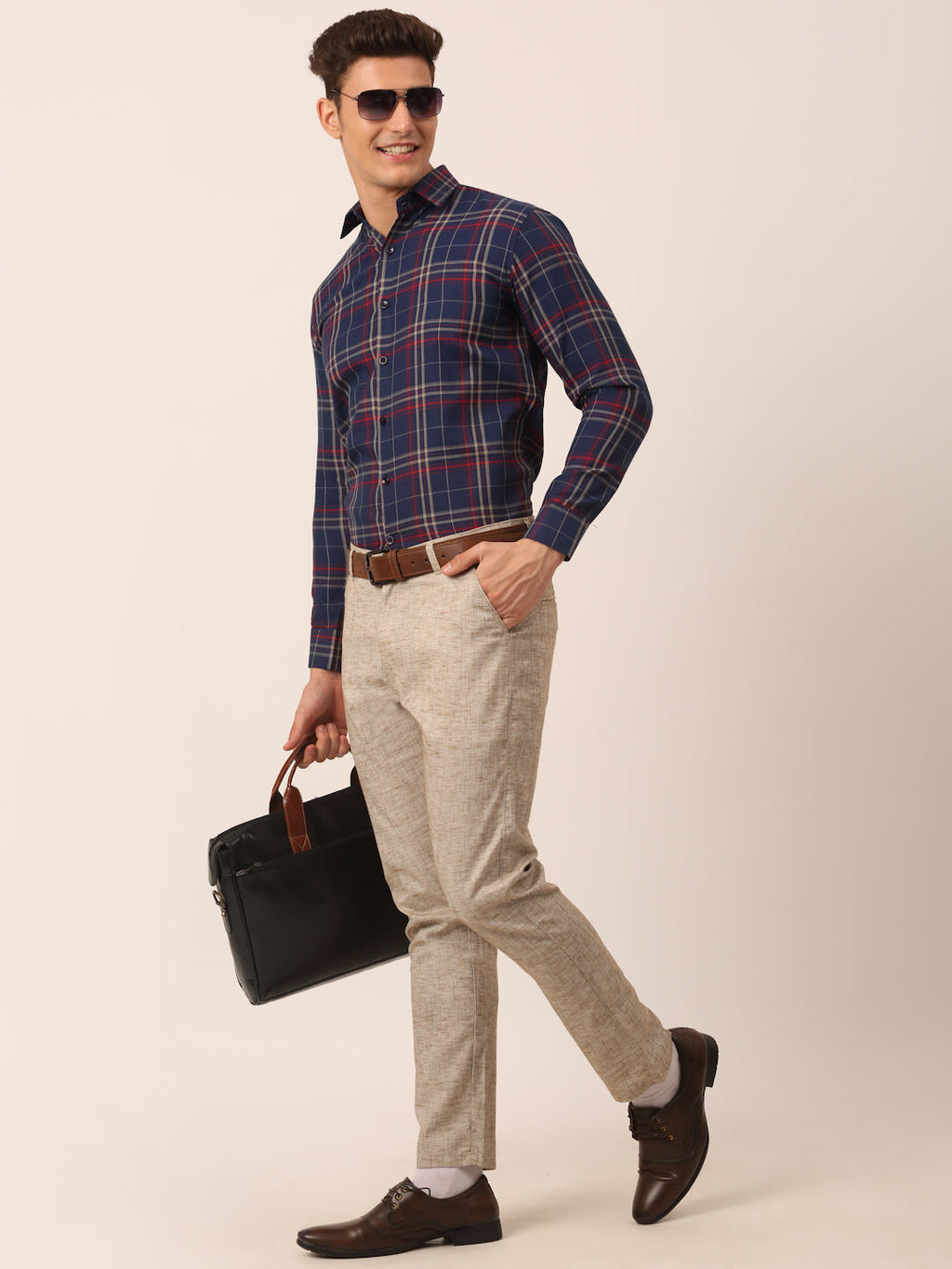Jainish Men's Cotton Checked Formal Shirts ( SF 819Navy ) - Distacart
